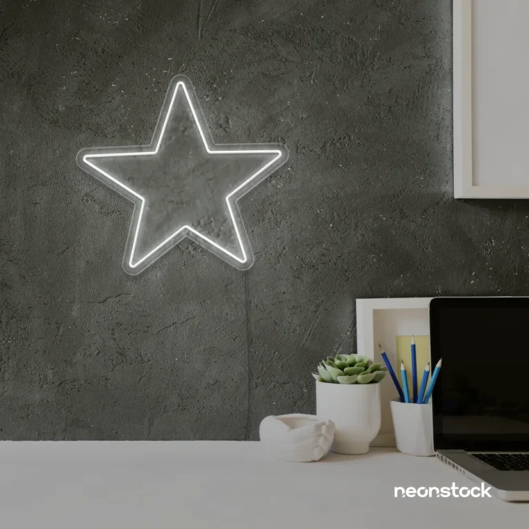 Star neon sign in white for kids' rooms, nursery walls, and bedtime light decor.