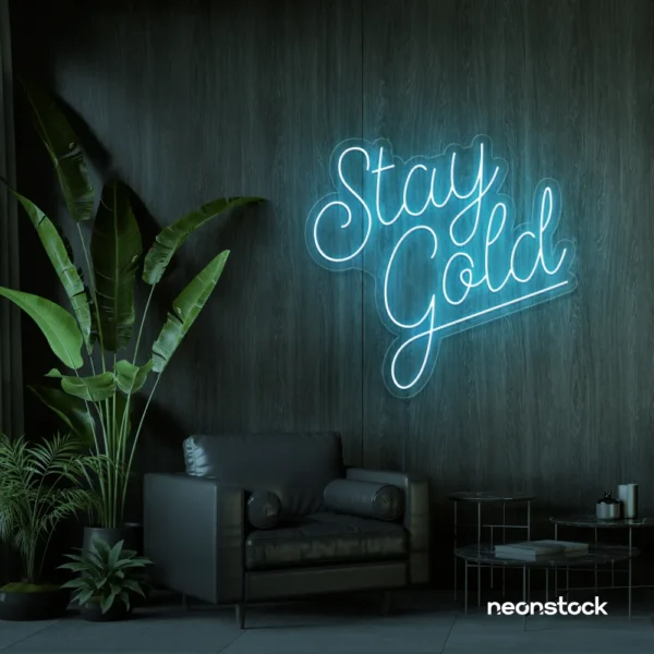 Stay Gold neon sign in ice blue for glam rooms, babe caves, and feminine decor.