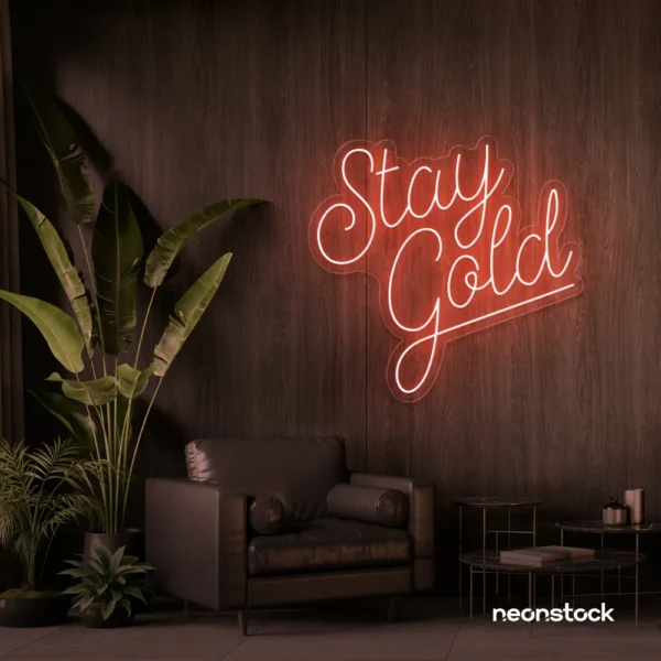 Stay Gold neon sign in peachy pink for glam rooms, babe caves, and feminine decor.