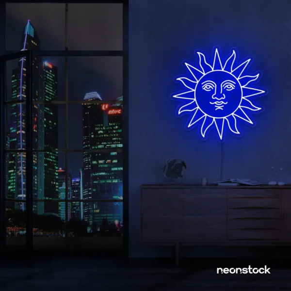 Smiley sun neon sign in dark blue for kids' rooms, nurseries, and cheerful wall decor.