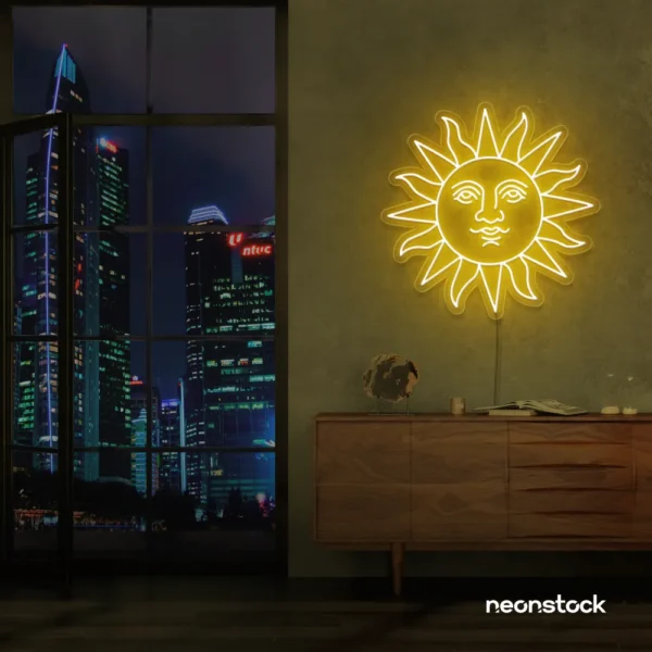 Smiley sun neon sign in golden yellow for kids' rooms, nurseries, and cheerful wall decor.