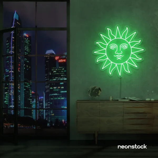 Smiley sun neon sign in green for kids' rooms, nurseries, and cheerful wall decor.