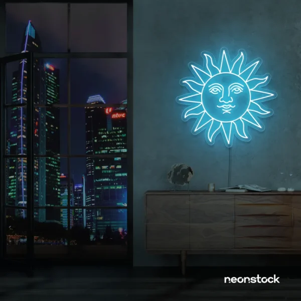 Smiley sun neon sign in ice blue for kids' rooms, nurseries, and cheerful wall decor.