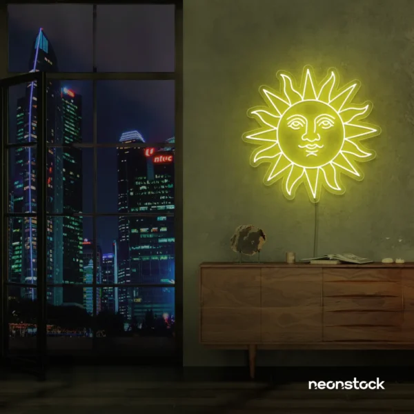 Smiley sun neon sign in lemon yellow for kids' rooms, nurseries, and cheerful wall decor.