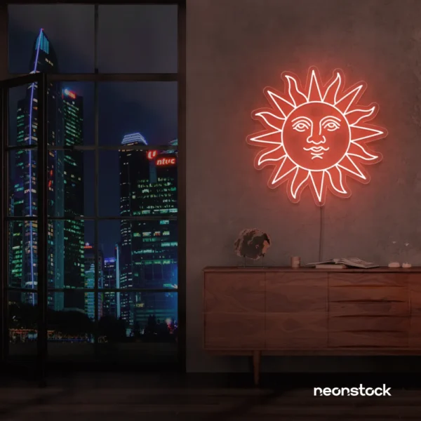 Smiley sun neon sign in peachy pink for kids' rooms, nurseries, and cheerful wall decor.