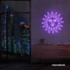 Smiley sun neon sign in purple for kids' rooms, nurseries, and cheerful wall decor.