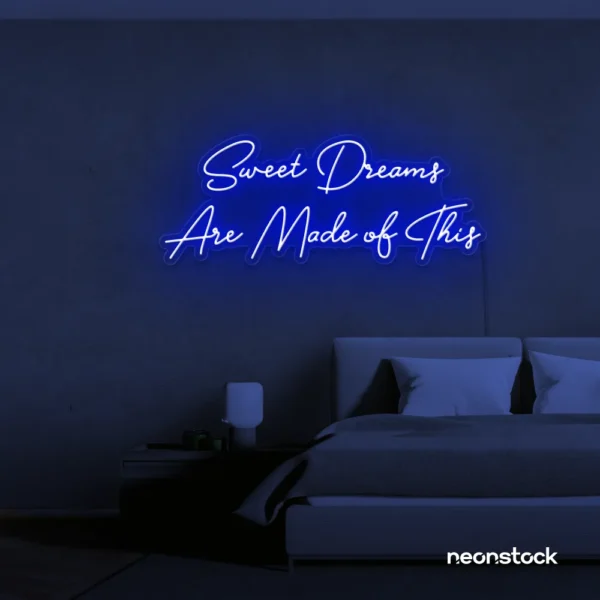 Sweet Dreams Are Made of This neon sign in dark blue for bedrooms, dreamy wall decor, and ambient lighting.