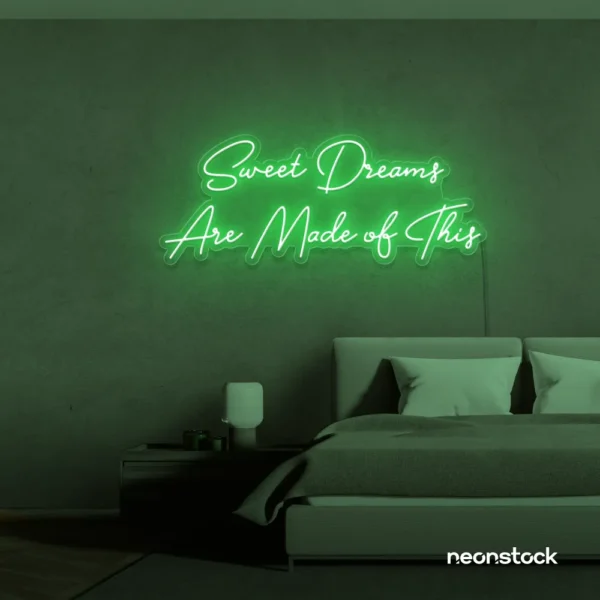 Sweet Dreams Are Made of This neon sign in green for bedrooms, dreamy wall decor, and ambient lighting.