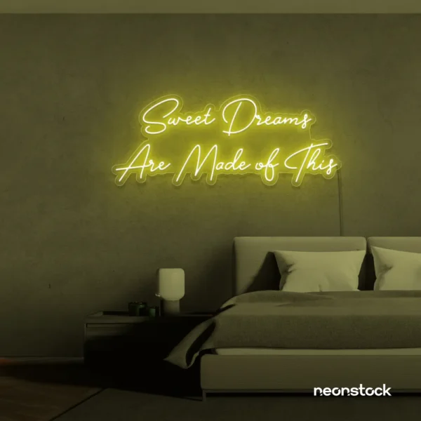 Sweet Dreams Are Made of This neon sign in lemon yellow for bedrooms, dreamy wall decor, and ambient lighting.