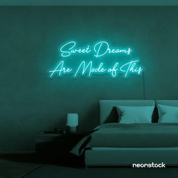 Sweet Dreams Are Made of This neon sign in mint green for bedrooms, dreamy wall decor, and ambient lighting.