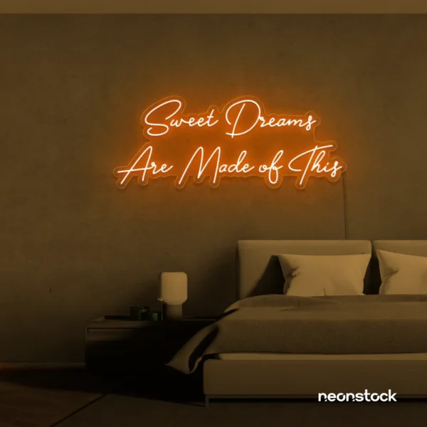 Sweet Dreams Are Made of This neon sign in orange for bedrooms, dreamy wall decor, and ambient lighting.
