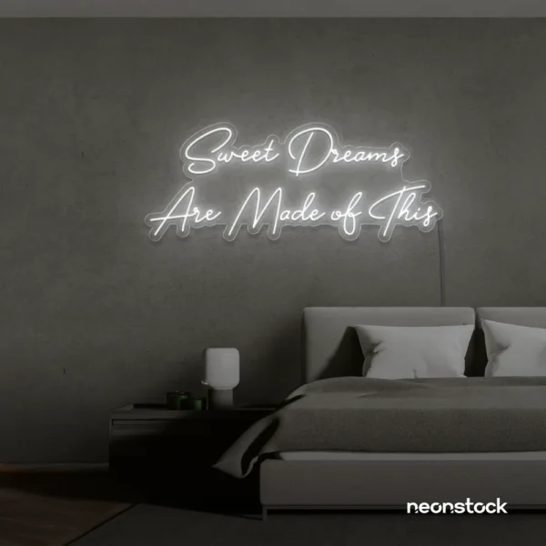 Sweet Dreams Are Made of This neon sign in white for bedrooms, dreamy wall decor, and ambient lighting.