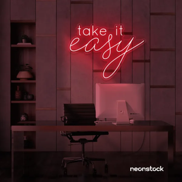Take It Easy neon sign in red for chill wall decor, boho rooms, and relaxed interiors.
