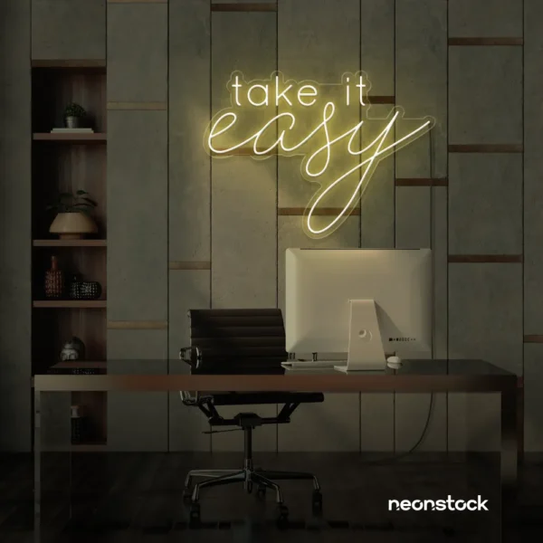 Take It Easy neon sign in warm white for chill wall decor, boho rooms, and relaxed interiors.