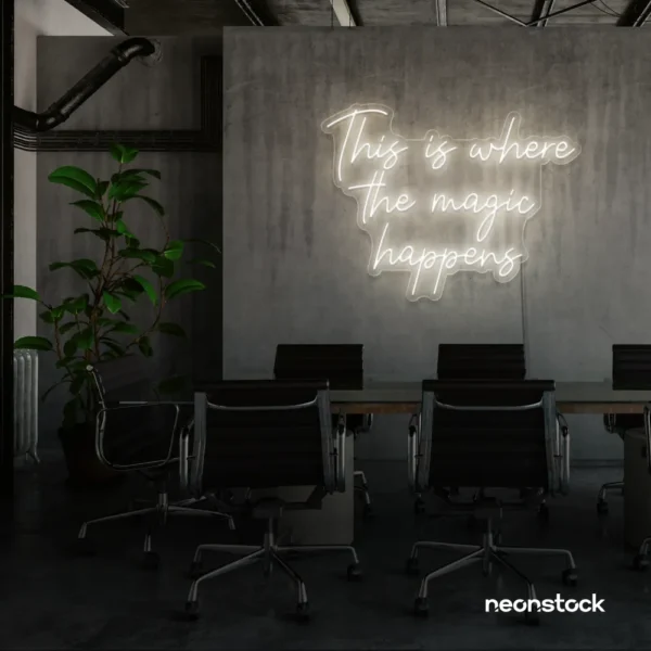 This Is Where The Magic Happens neon sign in neutral white for salons, glam rooms, and makeover studios.