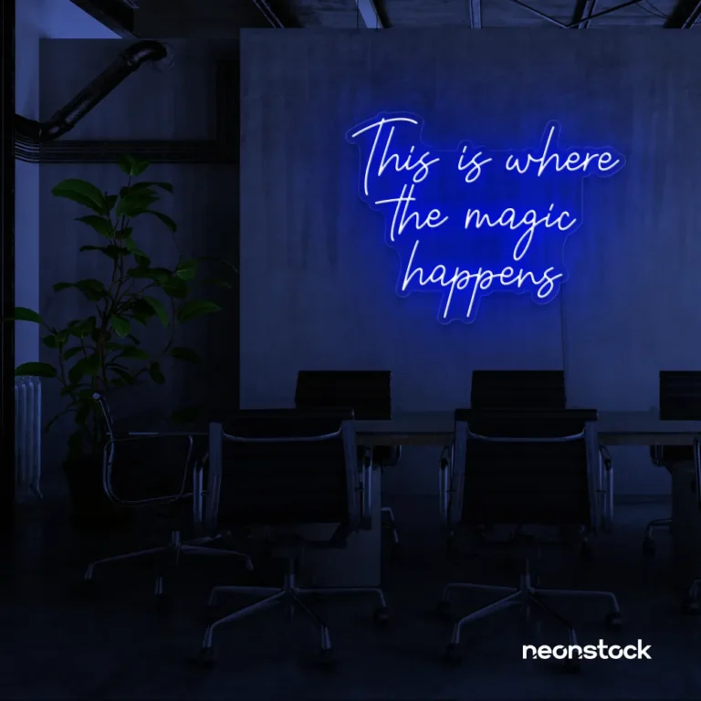 This Is Where The Magic Happens neon sign in dark blue for salons, glam rooms, and makeover studios.