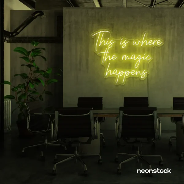 This Is Where The Magic Happens neon sign in lemon yellow for salons, glam rooms, and makeover studios.
