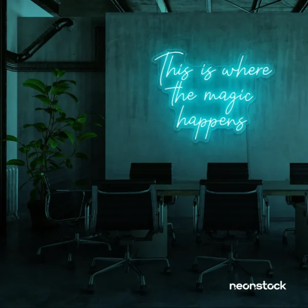 This Is Where The Magic Happens neon sign in mint green for salons, glam rooms, and makeover studios.