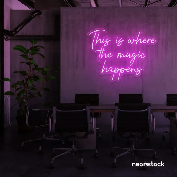 This Is Where The Magic Happens neon sign in pink for salons, glam rooms, and makeover studios.