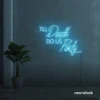 Neon sign text 'Till Death Do Us Party' in ice blue for wedding decor, romantic event signage, party celebration