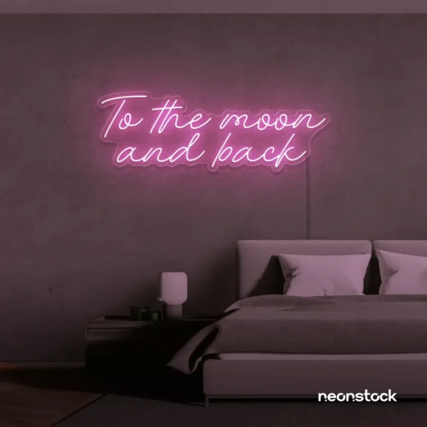 To the Moon and Back neon sign in baby pink for nursery rooms, kids' spaces, and bedtime wall decor.