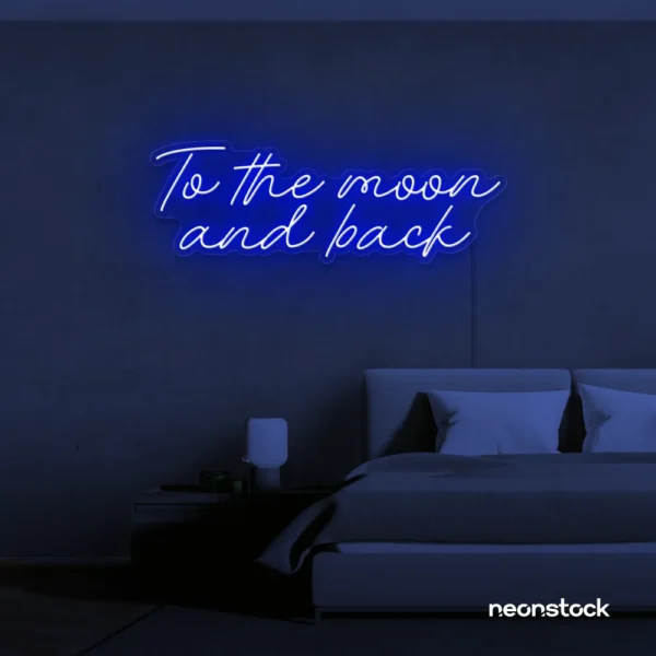 To the Moon and Back neon sign in dark blue for nursery rooms, kids' spaces, and bedtime wall decor.