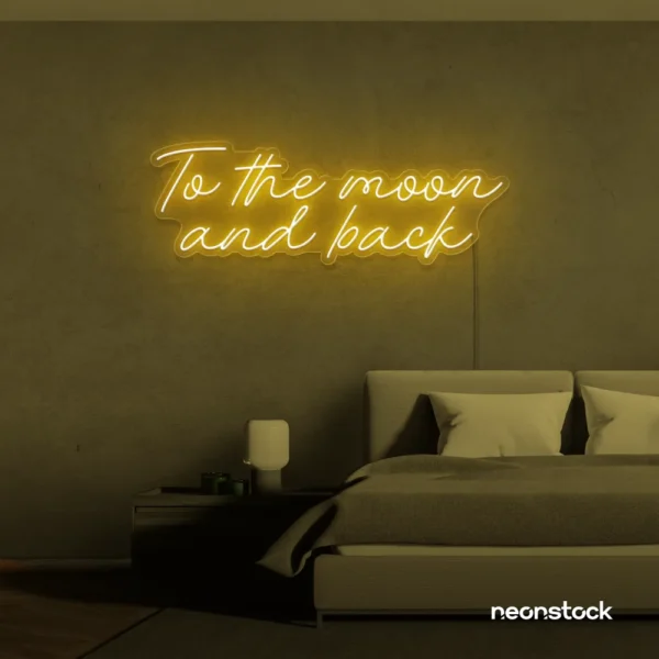 To the Moon and Back neon sign in golden yellow for nursery rooms, kids' spaces, and bedtime wall decor.