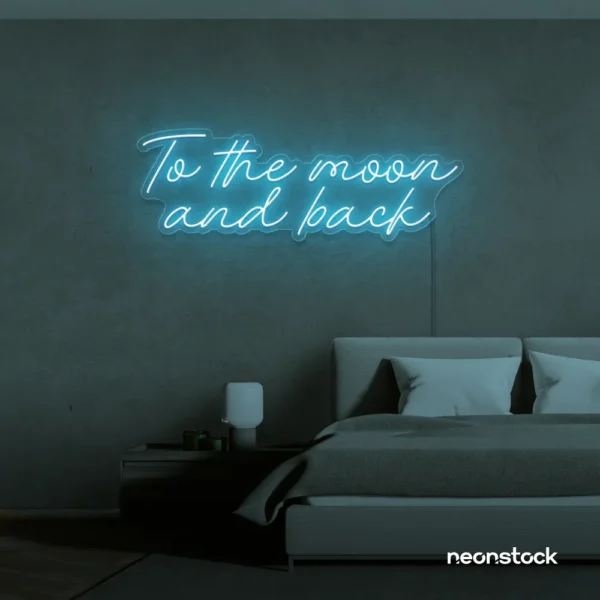 To the Moon and Back neon sign in ice blue for nursery rooms, kids' spaces, and bedtime wall decor.