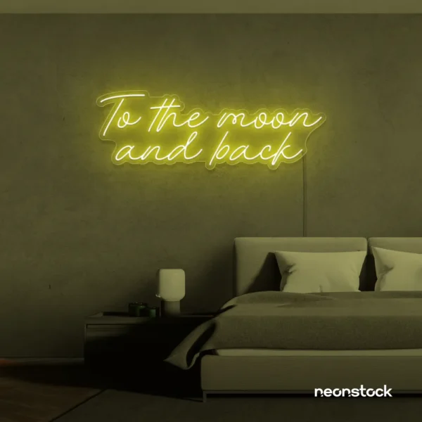 To the Moon and Back neon sign in lemon yellow for nursery rooms, kids' spaces, and bedtime wall decor.