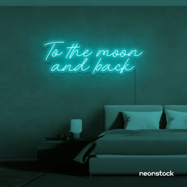 To the Moon and Back neon sign in mint green for nursery rooms, kids' spaces, and bedtime wall decor.