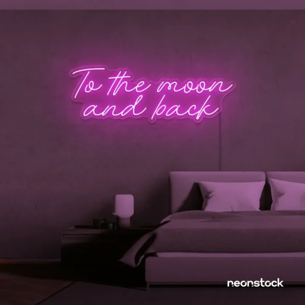 To the Moon and Back neon sign in pink for nursery rooms, kids' spaces, and bedtime wall decor.