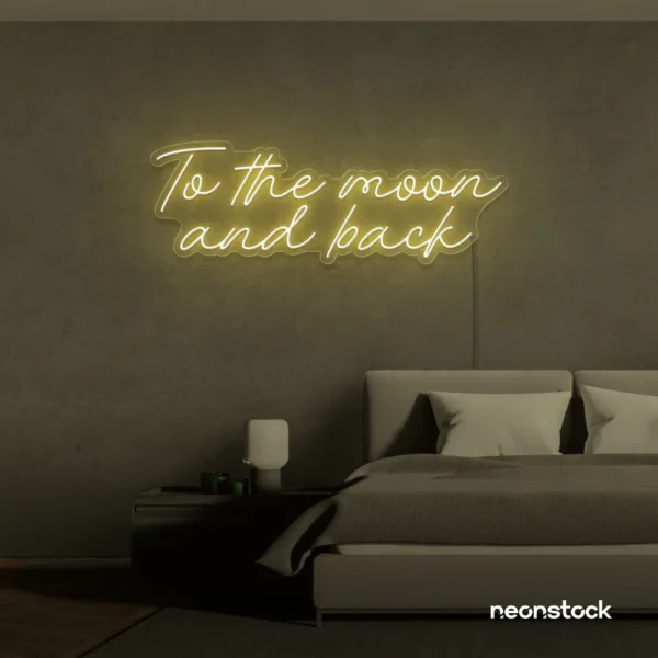 To the Moon and Back neon sign in warm white for nursery rooms, kids' spaces, and bedtime wall decor.