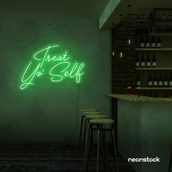 Treat Yo Self neon sign in green for salons, spas, dessert shops, and cozy home spaces.