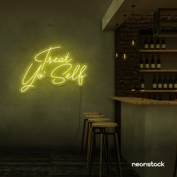 Treat Yo Self neon sign in lemon yellow for salons, spas, dessert shops, and cozy home spaces.