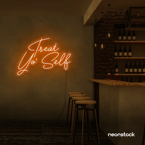 Treat Yo Self neon sign in orange for salons, spas, dessert shops, and cozy home spaces.