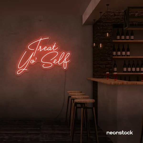 Treat Yo Self neon sign in peachy pink for salons, spas, dessert shops, and cozy home spaces.