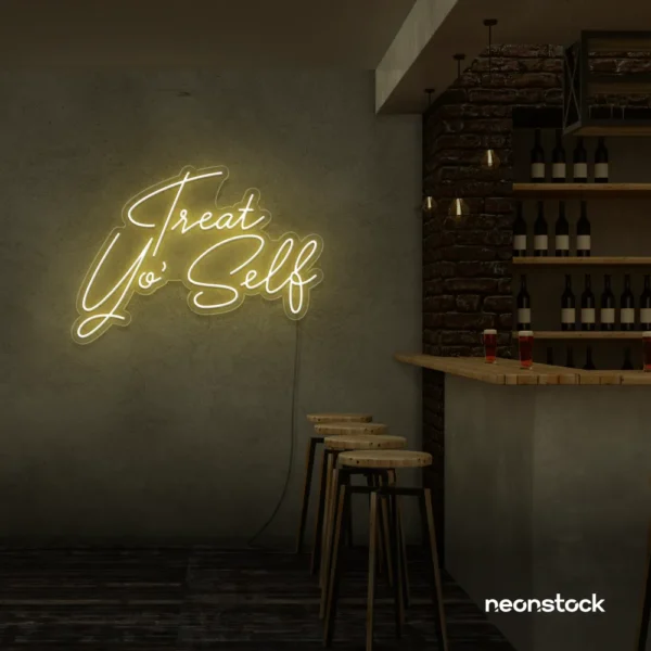Treat Yo Self neon sign in warm white for salons, spas, dessert shops, and cozy home spaces.