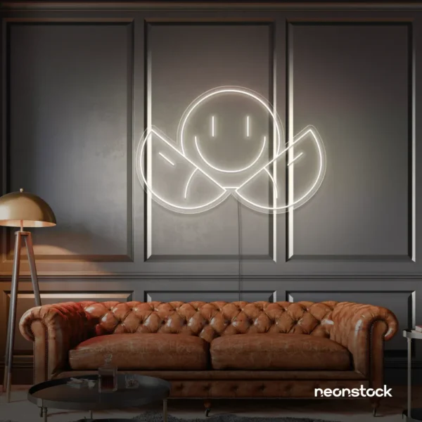 Two-faced emoji neon sign in neutral white for teen room wall decor