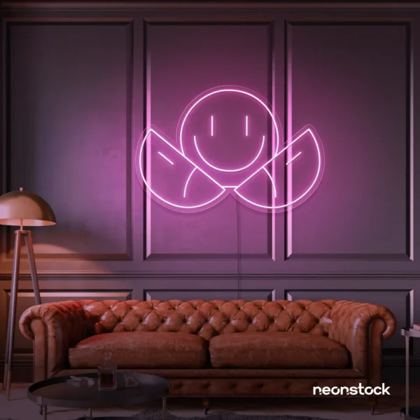 Two-faced emoji neon sign in baby pink for teen room wall decor