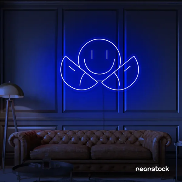 Two-faced emoji neon sign in dark blue for teen room wall decor