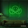 Two-faced emoji neon sign in deep green for teen room wall decor