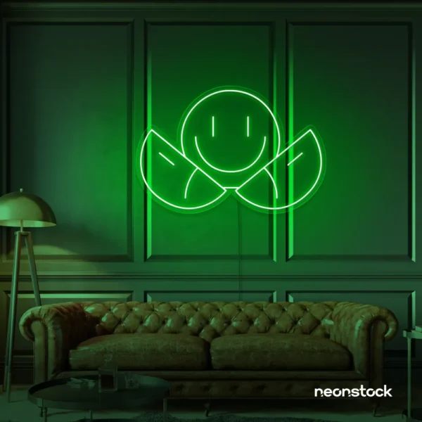Two-faced emoji neon sign in deep green for teen room wall decor