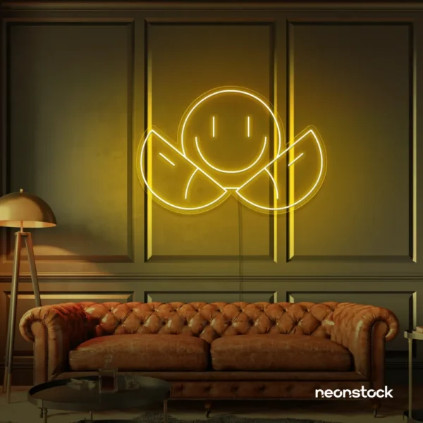 Two-faced emoji neon sign in golden yellow for teen room wall decor