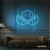 Two-faced emoji neon sign in ice blue for teen room wall decor