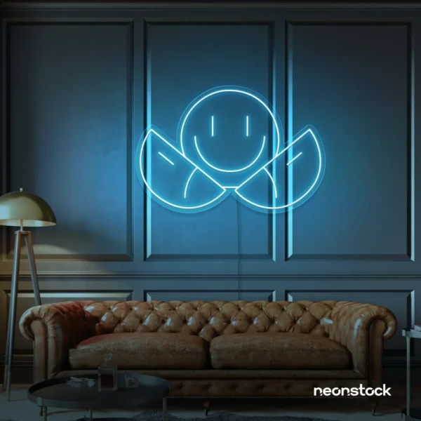 Two-faced emoji neon sign in ice blue for teen room wall decor