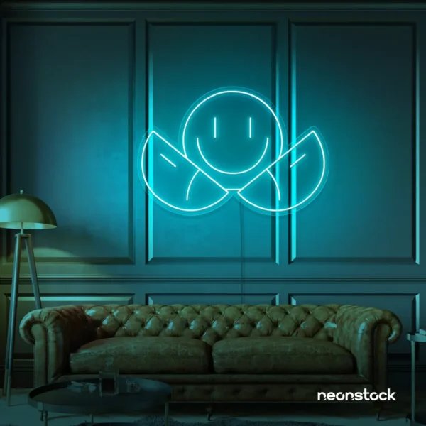Two-faced emoji neon sign in mint green for teen room wall decor