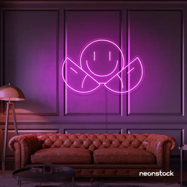 Two-faced emoji neon sign in pink for teen room wall decor