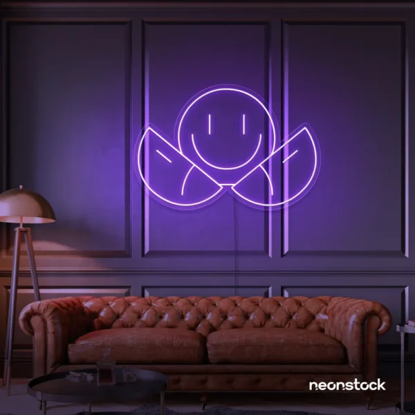 Two-faced emoji neon sign in purple for teen room wall decor