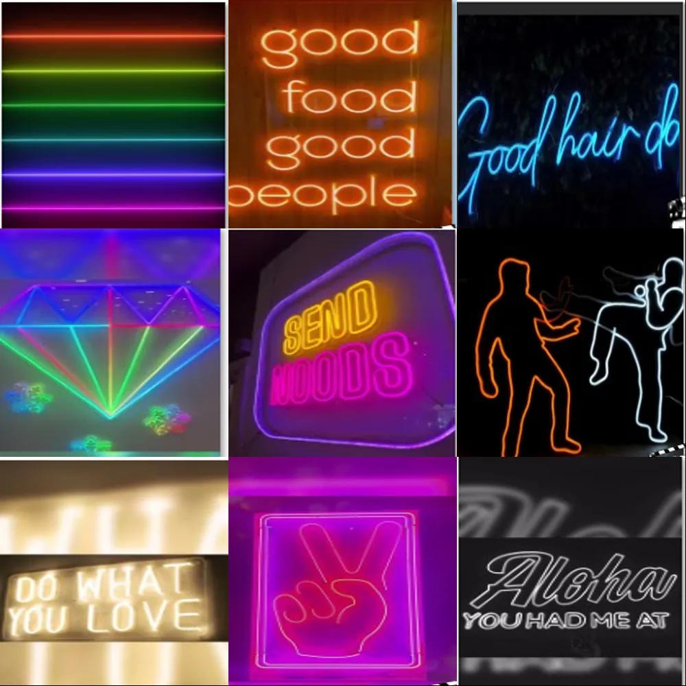 Collage of neon-themed visuals featured in Neonstock’s video gallery