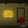 Normal Gets You Nowhere neon sign in golden yellow for bold interiors, creative offices, and motivational decor.